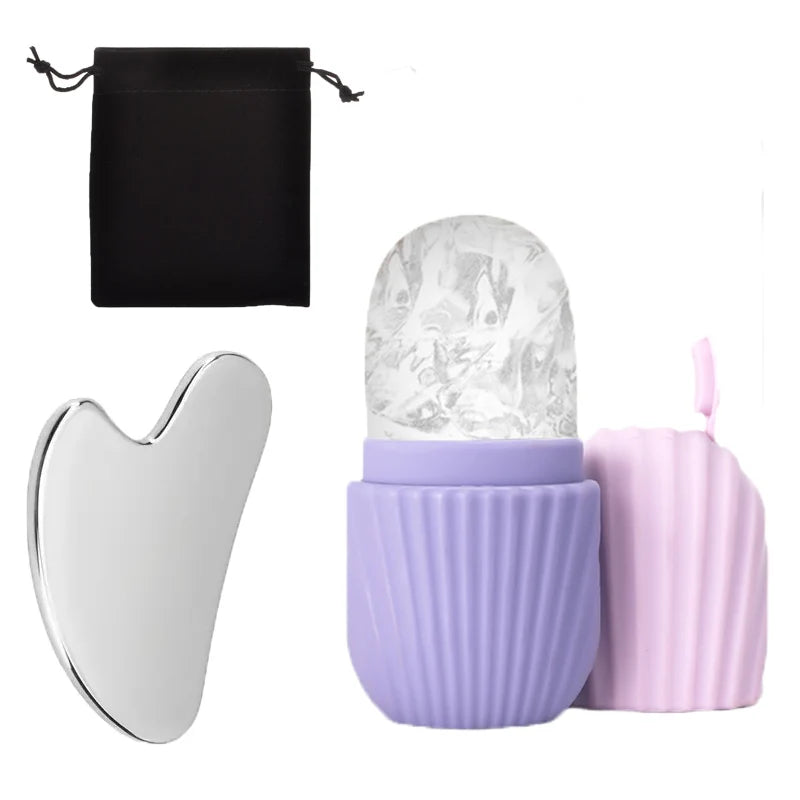 SUOJI 3-Piece Facial Massage Tool Set – Stainless Steel Gua Sha, Ice Roller, & Flannel Bag