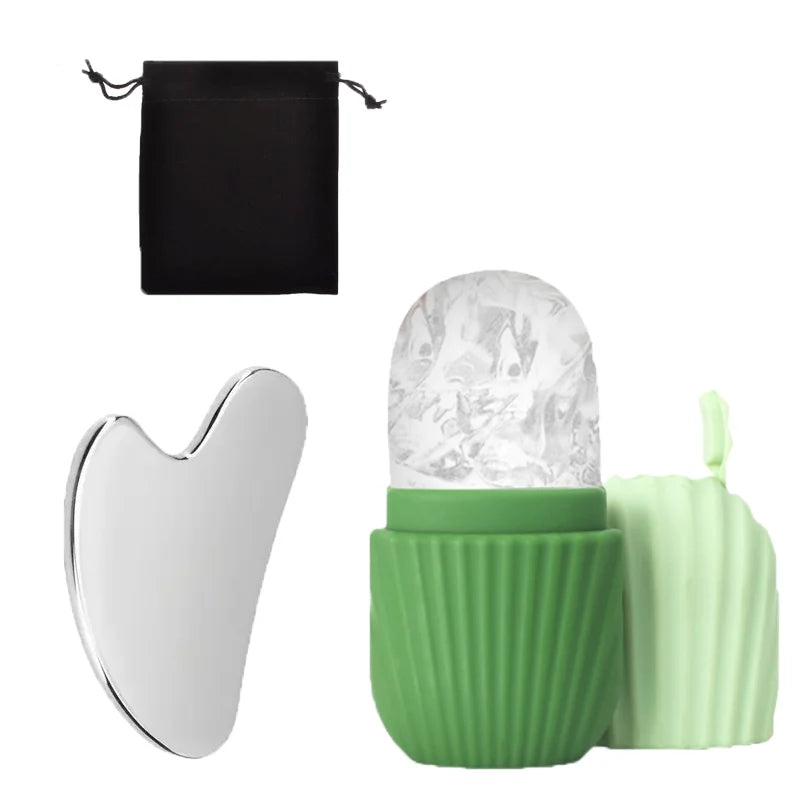 SUOJI 3-Piece Facial Massage Tool Set – Stainless Steel Gua Sha, Ice Roller, & Flannel Bag