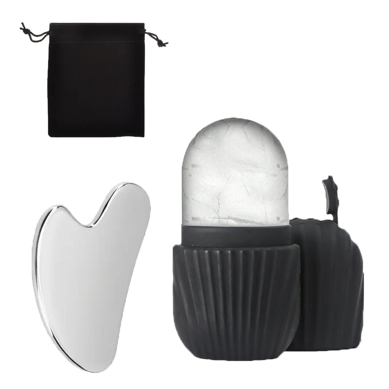 SUOJI 3-Piece Facial Massage Tool Set – Stainless Steel Gua Sha, Ice Roller, & Flannel Bag