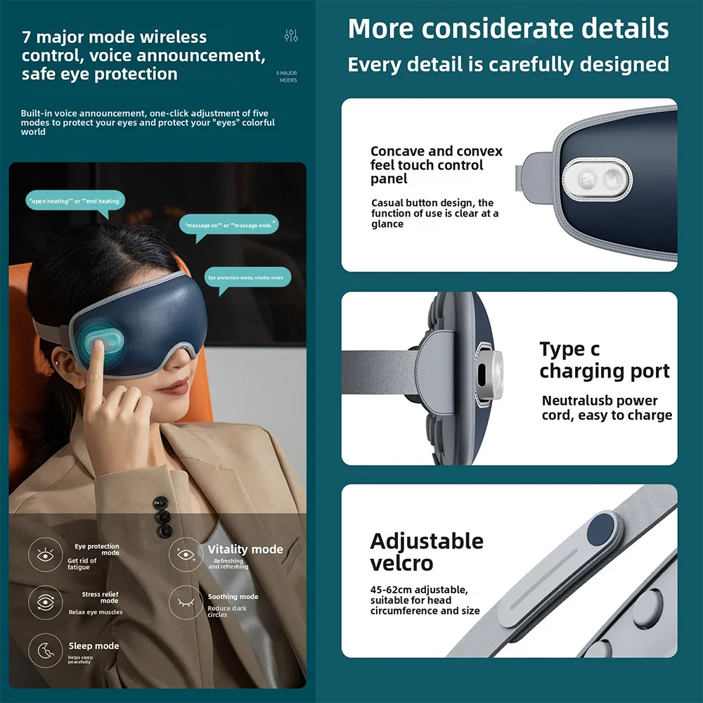 CAMMUO Electric Heated Eye Massager with 7 Massage Modes and Hot Compress for Relaxation