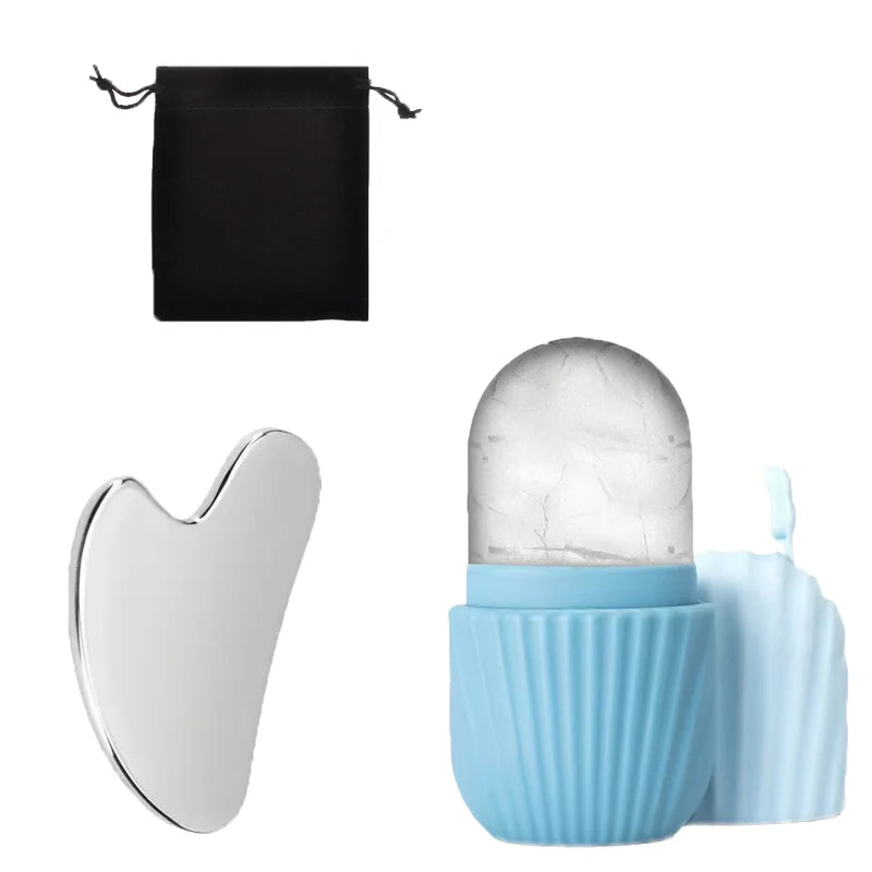 SUOJI 3-Piece Facial Massage Tool Set – Stainless Steel Gua Sha, Ice Roller, & Flannel Bag